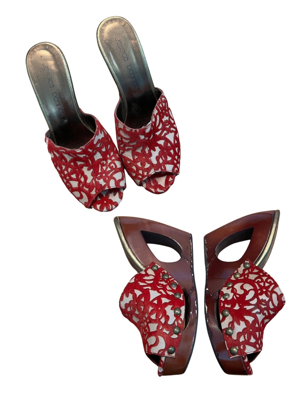 Jessica Bennett Red Floral Lace Peep-Toe Mules